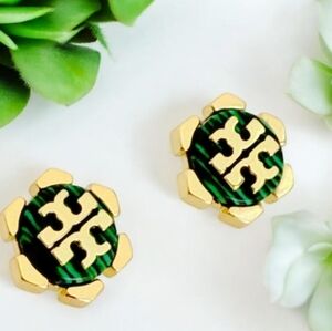 Tory Burch Gold and Green Logo Stud Earrings
